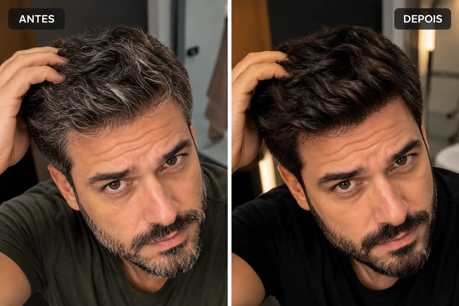 Comparativo ilustrativo de cabelo e barba com fios grisalhos e depois com o tom escuro uniforme