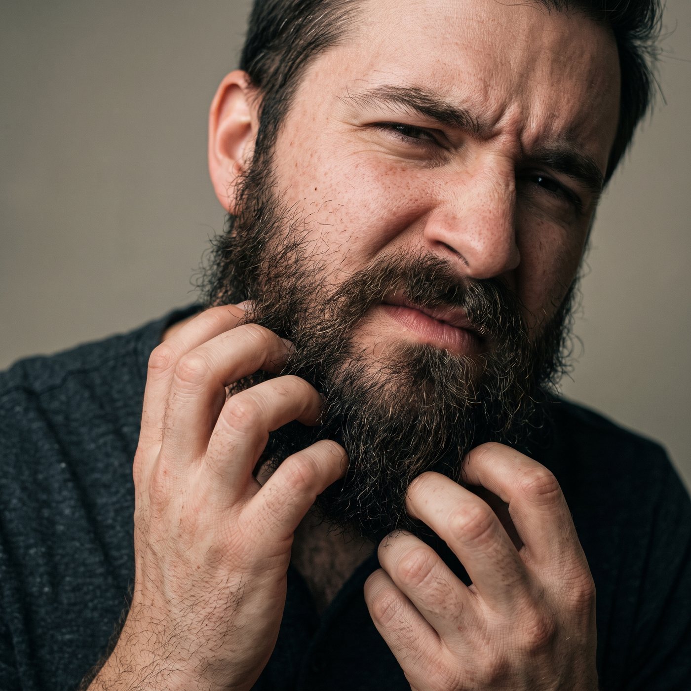 Homem coçando a barba, incomodado