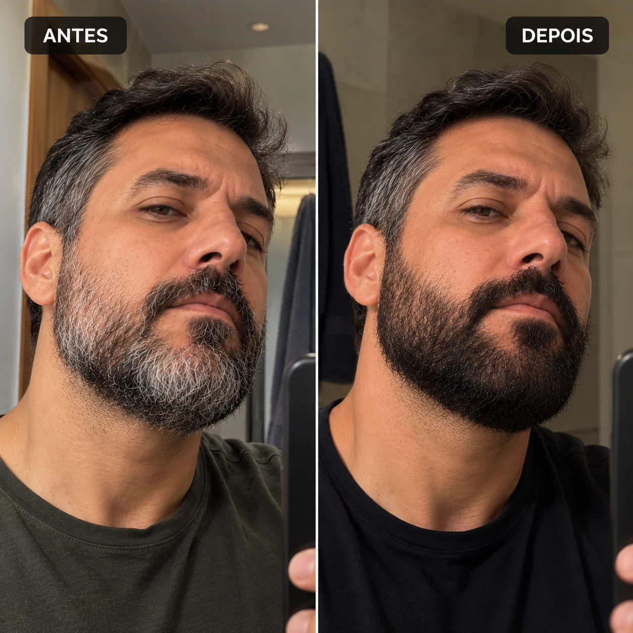 Comparativo ilustrativo de barba grisalha e barba escura