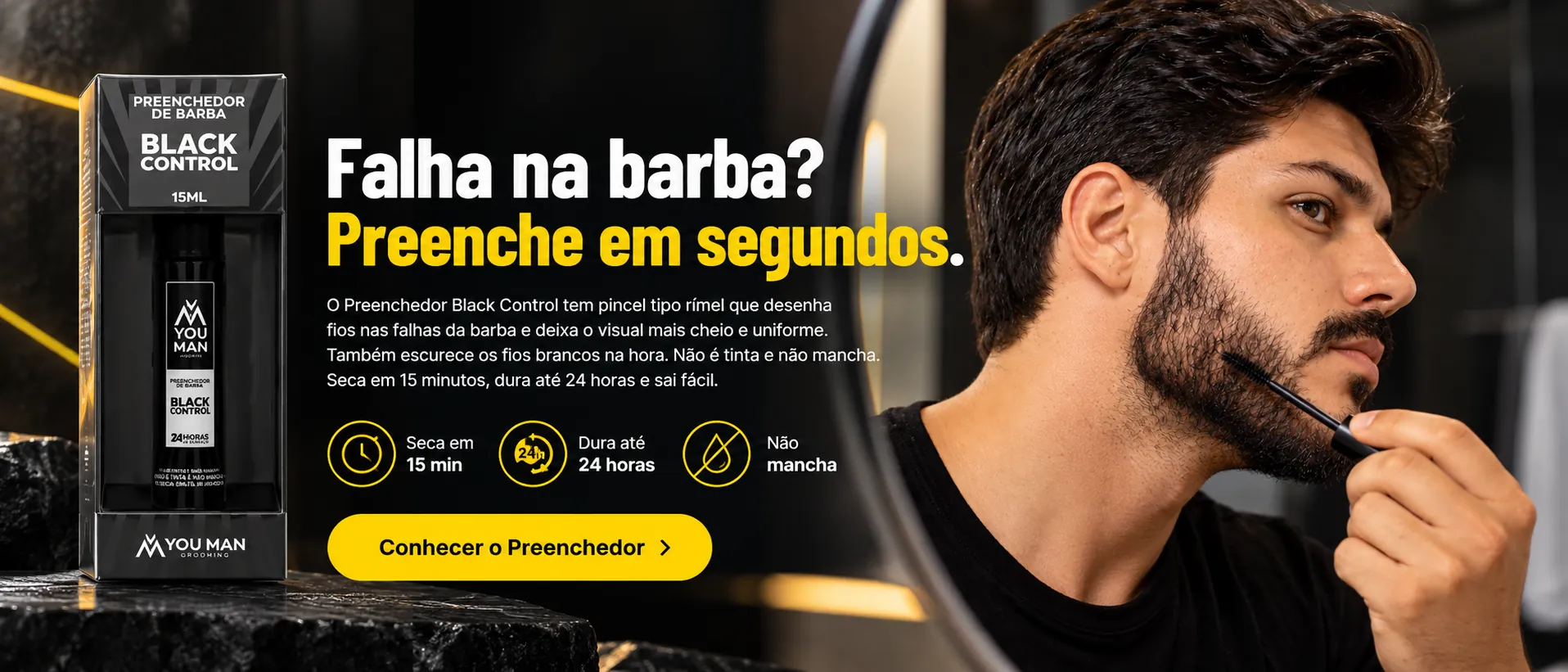 Preenchedor de Barba Black Control: pincel tipo rímel que preenche as falhas da barba em segundos, seca em 15 minutos e dura até 24 horas